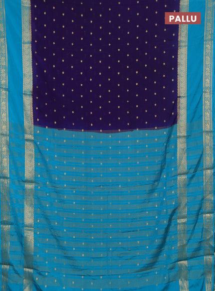 Semi mysore silk saree violet and teal blue with allover zari woven buttas and long rettapet zari woven border