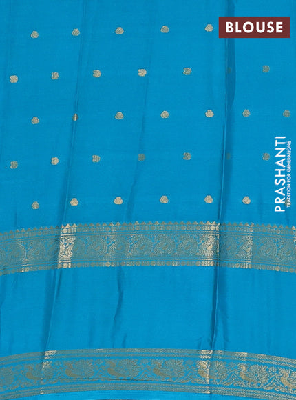 Semi mysore silk saree violet and teal blue with allover zari woven buttas and long rettapet zari woven border
