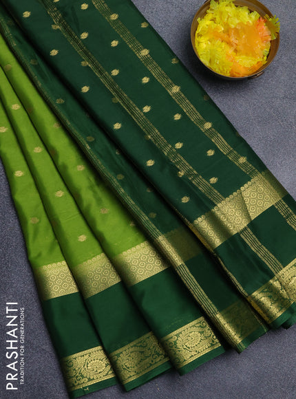 Semi mysore silk saree light green and green with allover zari woven buttas and long rettapet zari woven border