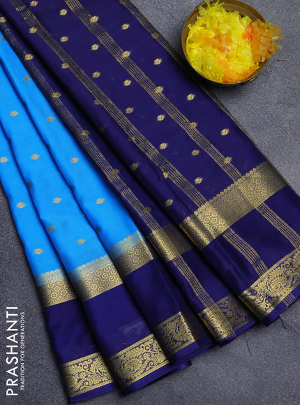 Semi mysore silk saree cs blue and navy blue with allover zari woven buttas and long rettapet zari woven border