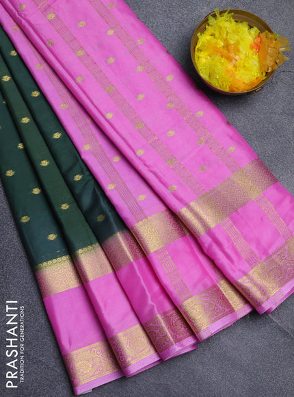 Semi mysore silk saree olive green and light pink with allover zari woven buttas and long rettapet zari woven border