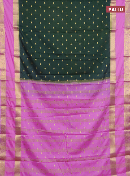 Semi mysore silk saree olive green and light pink with allover zari woven buttas and long rettapet zari woven border