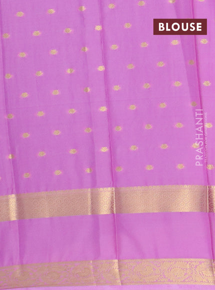 Semi mysore silk saree olive green and light pink with allover zari woven buttas and long rettapet zari woven border