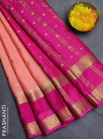 Semi mysore silk saree peach orange and dark pink with allover zari woven buttas and long rettapet zari woven border