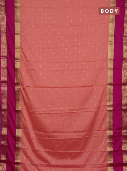 Semi mysore silk saree peach orange and dark pink with allover zari woven buttas and long rettapet zari woven border