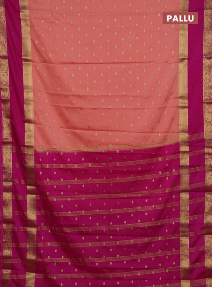 Semi mysore silk saree peach orange and dark pink with allover zari woven buttas and long rettapet zari woven border