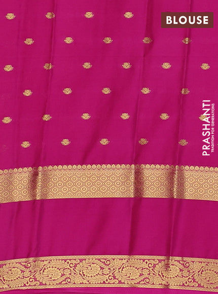 Semi mysore silk saree peach orange and dark pink with allover zari woven buttas and long rettapet zari woven border