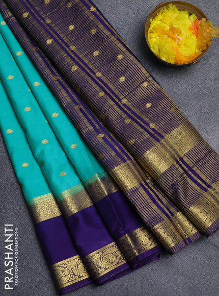 Semi mysore silk saree teal green and violet with allover zari woven buttas and long rettapet zari woven border