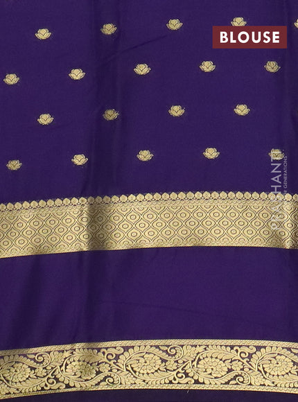 Semi mysore silk saree teal green and violet with allover zari woven buttas and long rettapet zari woven border