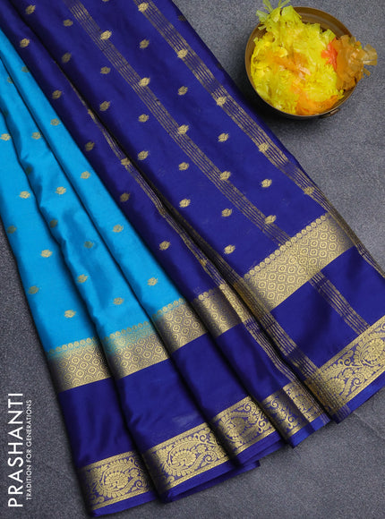 Semi mysore silk saree cs blue and blue with allover zari woven buttas and long rettapet zari woven border