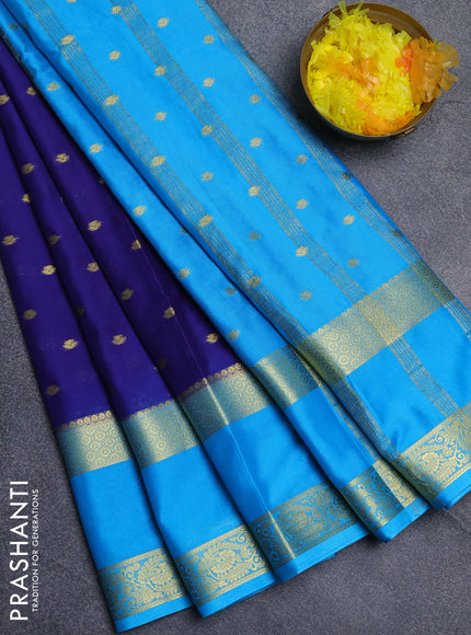 Semi mysore silk saree navy blue and cs blue with allover zari woven buttas and long rettapet zari woven border