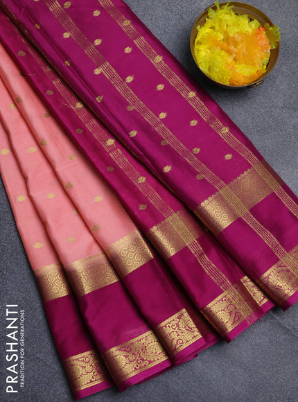 Semi mysore silk saree peach orange and dark pink with allover zari woven buttas and long rettapet zari woven border