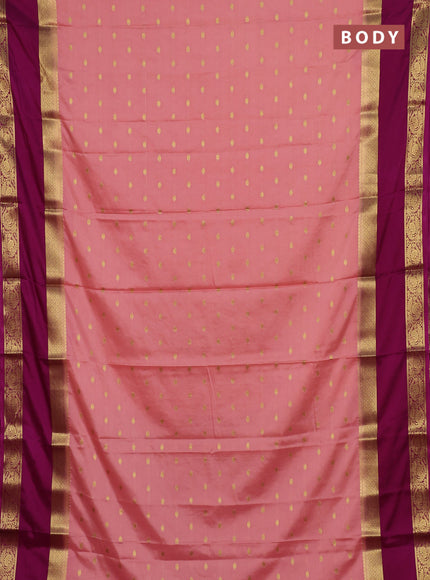 Semi mysore silk saree peach orange and dark pink with allover zari woven buttas and long rettapet zari woven border