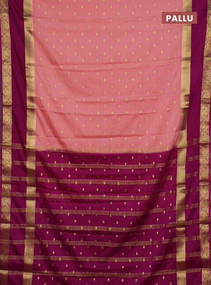 Semi mysore silk saree peach orange and dark pink with allover zari woven buttas and long rettapet zari woven border