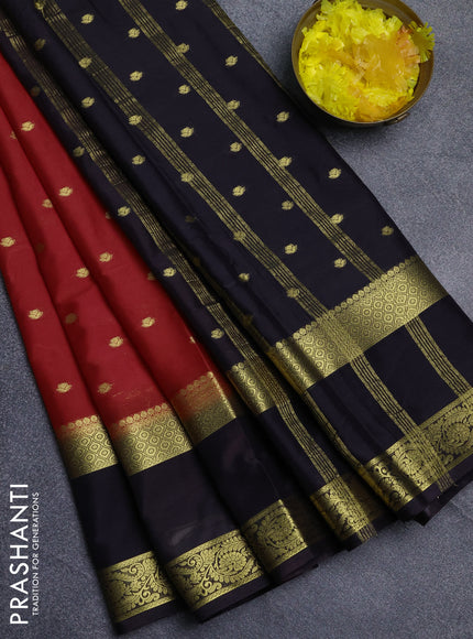 Semi mysore silk saree red and black with allover zari woven buttas and long rettapet zari woven border