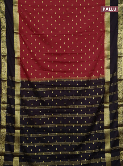 Semi mysore silk saree red and black with allover zari woven buttas and long rettapet zari woven border