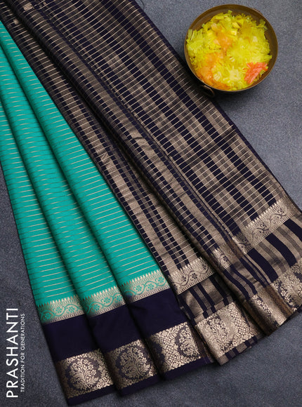 Semi mysore silk saree teal green and navy blue with allover zari weaves and rettapet zari woven border