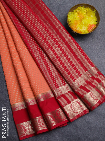 Semi mysore silk saree peach shade and pink with allover zari weaves and rettapet zari woven border