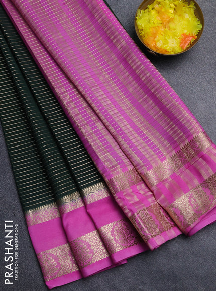 Semi mysore silk saree bottle green and light pink with allover zari weaves and rettapet zari woven border