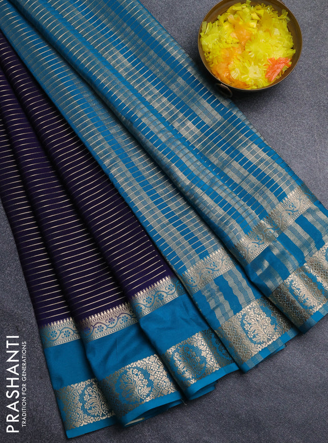 Semi mysore silk saree navy blue and teal blue with allover zari weaves and rettapet zari woven border