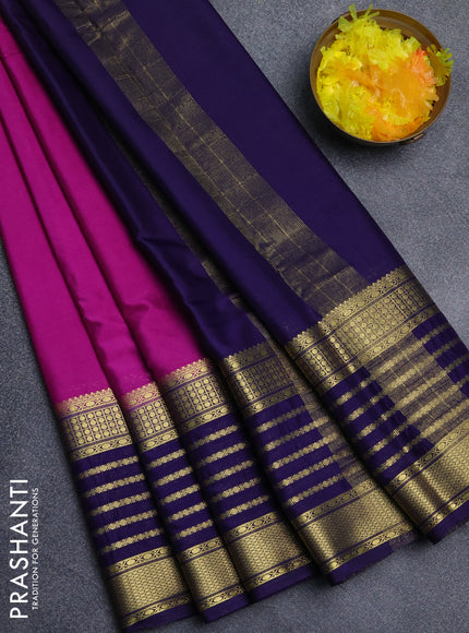 Semi mysore silk saree magenta pink and violet with plain body and long zari woven border