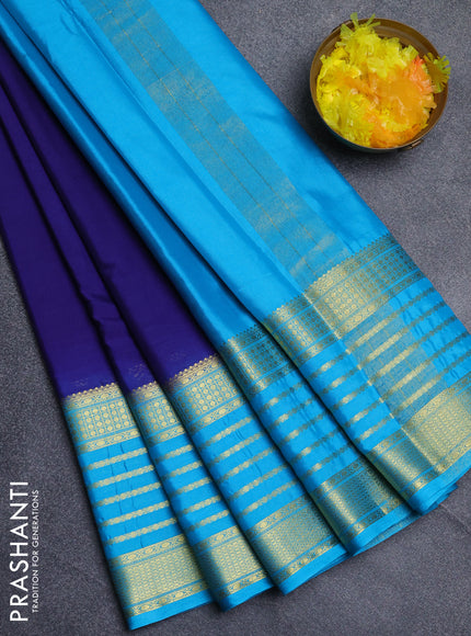 Semi mysore silk saree navy blue and cs blue with plain body and long zari woven border