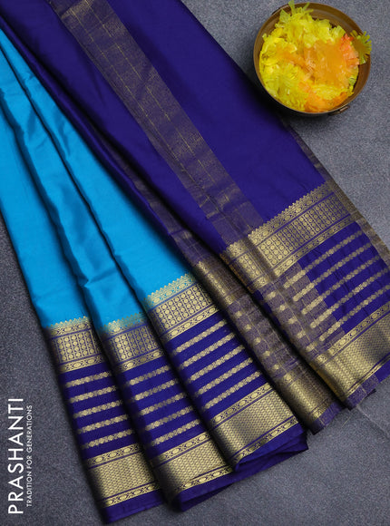 Semi mysore silk saree cs blue and navy blue with plain body and long zari woven border