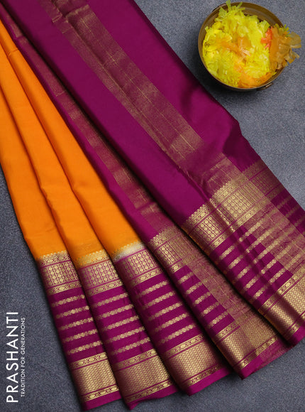 Semi mysore silk saree mango yellow and magenta pink with plain body and long zari woven border