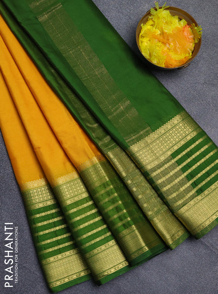 Semi mysore silk saree yellow and green with plain body and long zari woven border