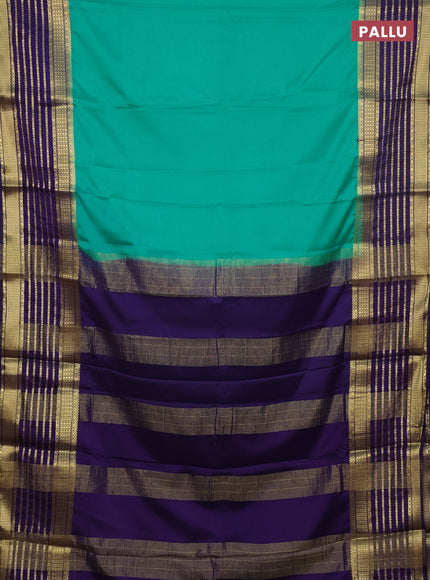 Semi mysore silk saree teal green and navy blue with plain body and long zari woven border