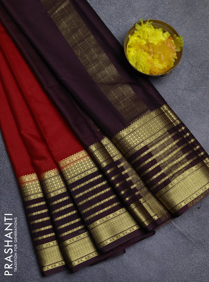 Semi mysore silk saree red and coffee brown with plain body and long zari woven border