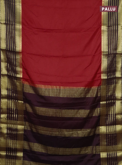 Semi mysore silk saree red and coffee brown with plain body and long zari woven border