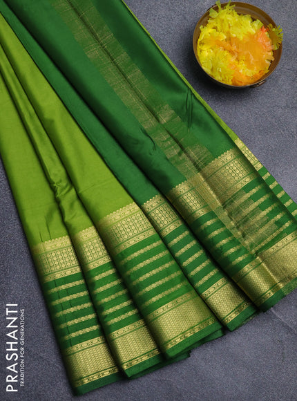 Semi mysore silk saree light green and green with plain body and long zari woven border