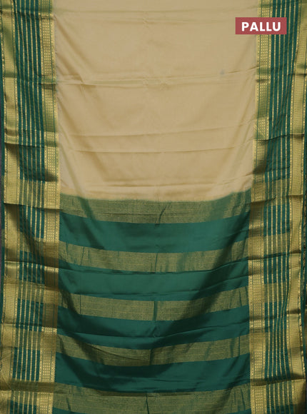 Semi mysore silk saree cream and green with plain body and long zari woven border