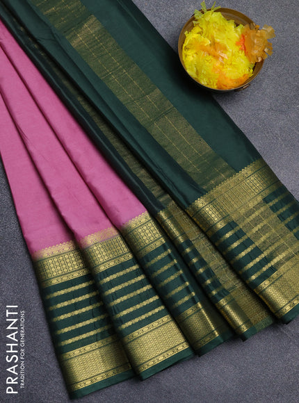 Semi mysore silk saree mauve pink and green with plain body and long zari woven border