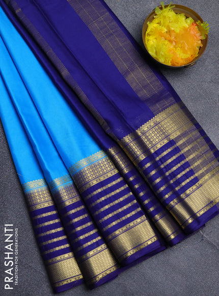 Semi mysore silk saree cs blue and navy blue with plain body and long zari woven border