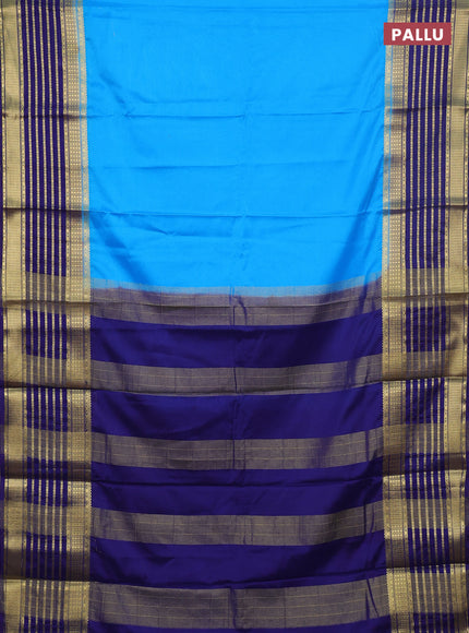 Semi mysore silk saree cs blue and navy blue with plain body and long zari woven border