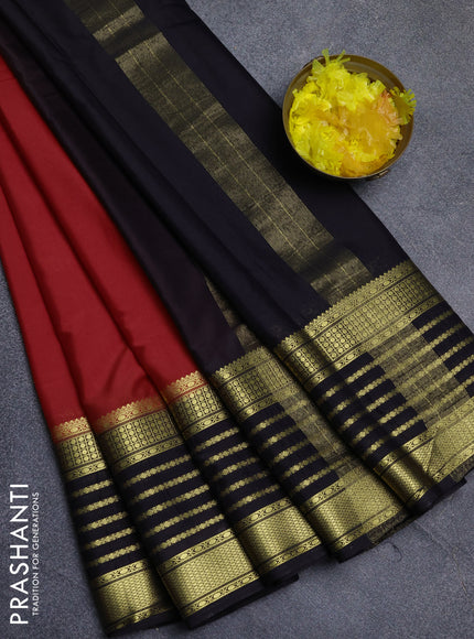 Semi mysore silk saree red and black with plain body and long zari woven border