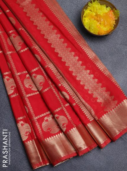 Semi mysore silk saree red with allover zari checks & buttas and zari woven border