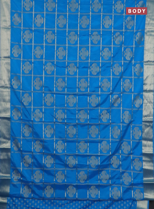 Semi mysore silk saree cs blue with allover zari checks & buttas and zari woven border