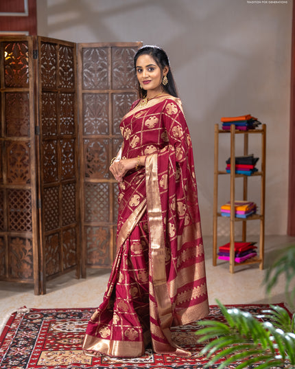 Semi mysore silk saree wine shade with allover zari checks & buttas and zari woven border