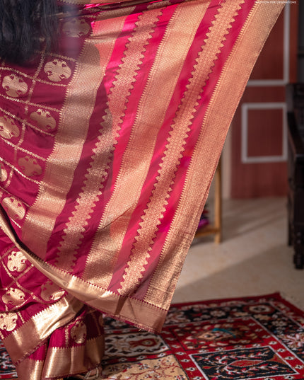 Semi mysore silk saree wine shade with allover zari checks & buttas and zari woven border