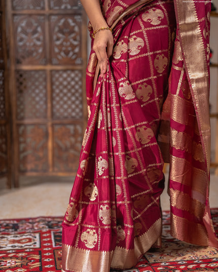 Semi mysore silk saree wine shade with allover zari checks & buttas and zari woven border