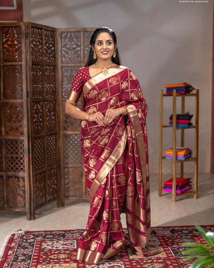 Semi mysore silk saree wine shade with allover zari checks & buttas and zari woven border