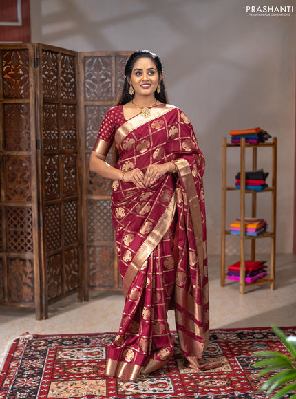Semi mysore silk saree wine shade with allover zari checks & buttas and zari woven border