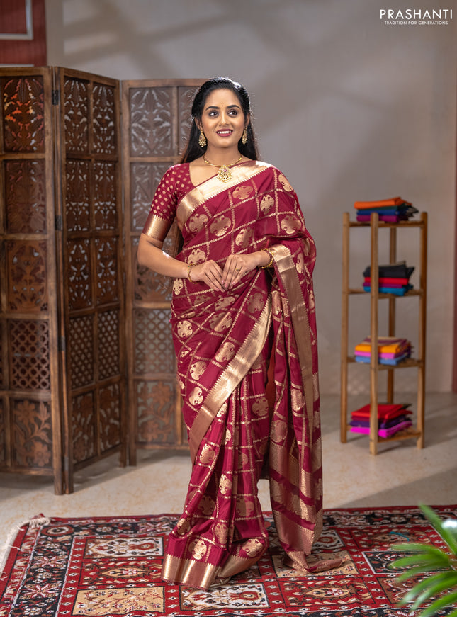 Semi mysore silk saree wine shade with allover zari checks & buttas and zari woven border