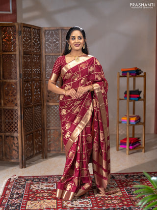 Semi mysore silk saree wine shade with allover zari checks & buttas and zari woven border