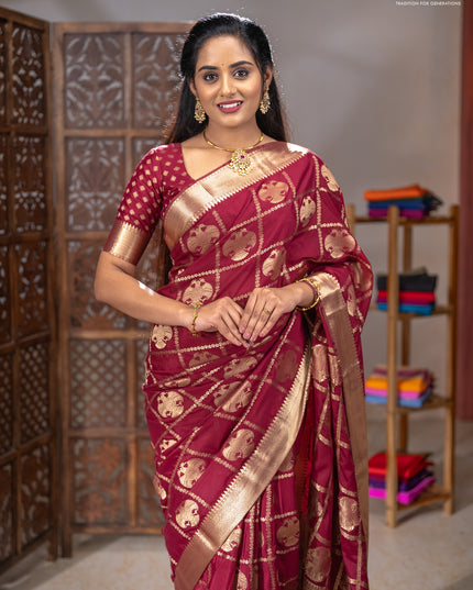 Semi mysore silk saree wine shade with allover zari checks & buttas and zari woven border