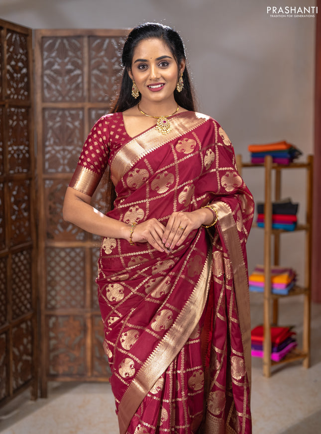 Semi mysore silk saree wine shade with allover zari checks & buttas and zari woven border