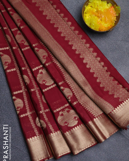 Semi mysore silk saree wine shade with allover zari checks & buttas and zari woven border